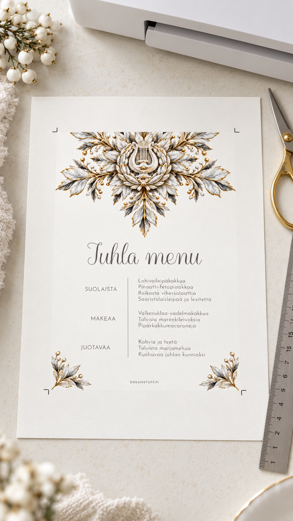 Tulostettava Lumihiutale-menu luonnonvalkoisella A4-arkilla leikkuumerkkeineen, vieressä tulostin, sakset ja viivain.