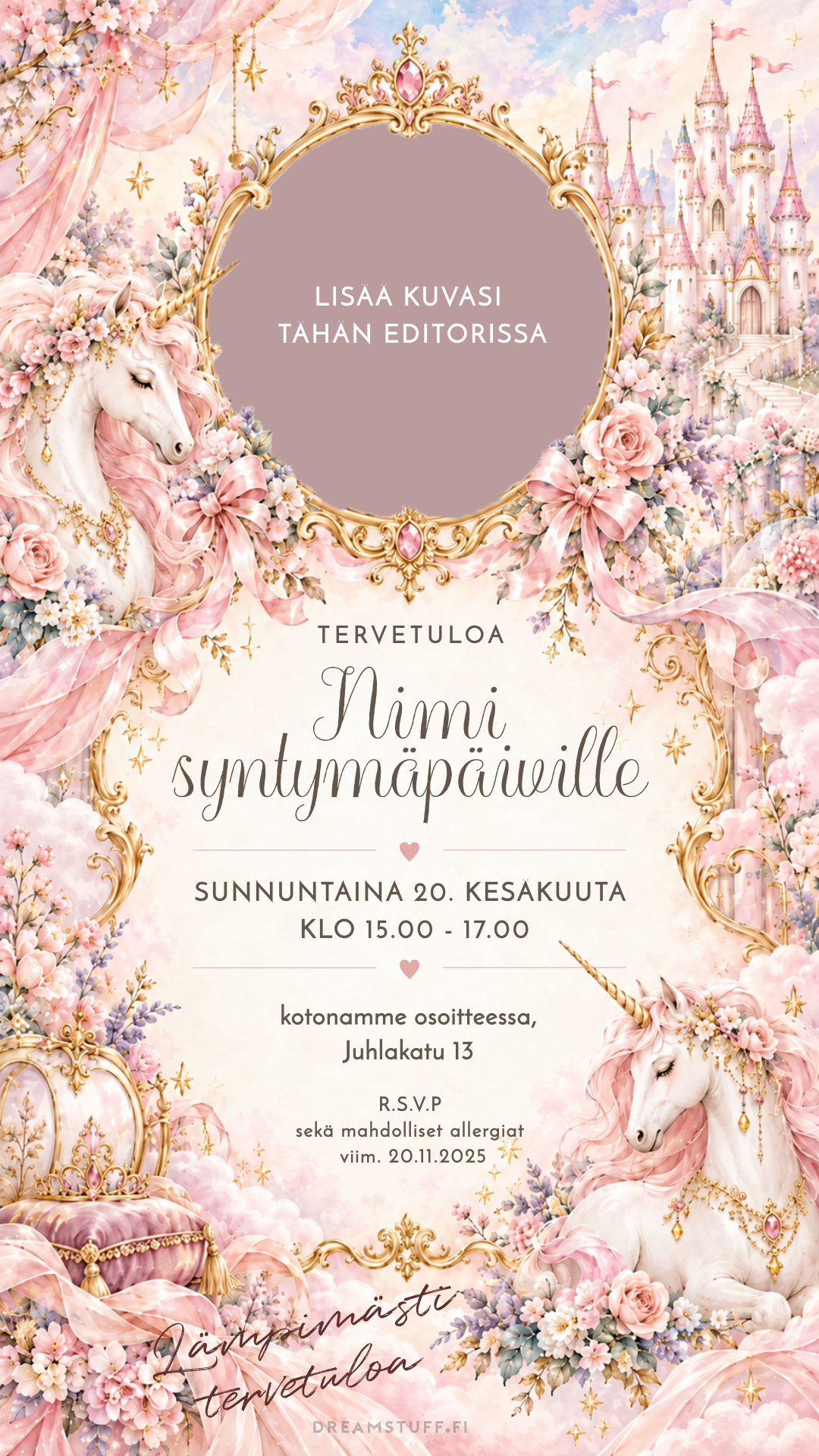 Digitaalinen kutsu lapsille – yksisarvis prinsessa | Muokattava kutsu (JPG)