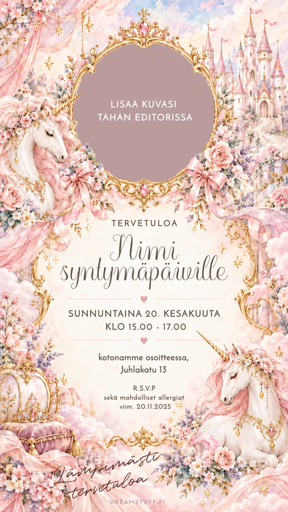 Digitaalinen kutsu lapsille – yksisarvis prinsessa | Muokattava kutsu (JPG)