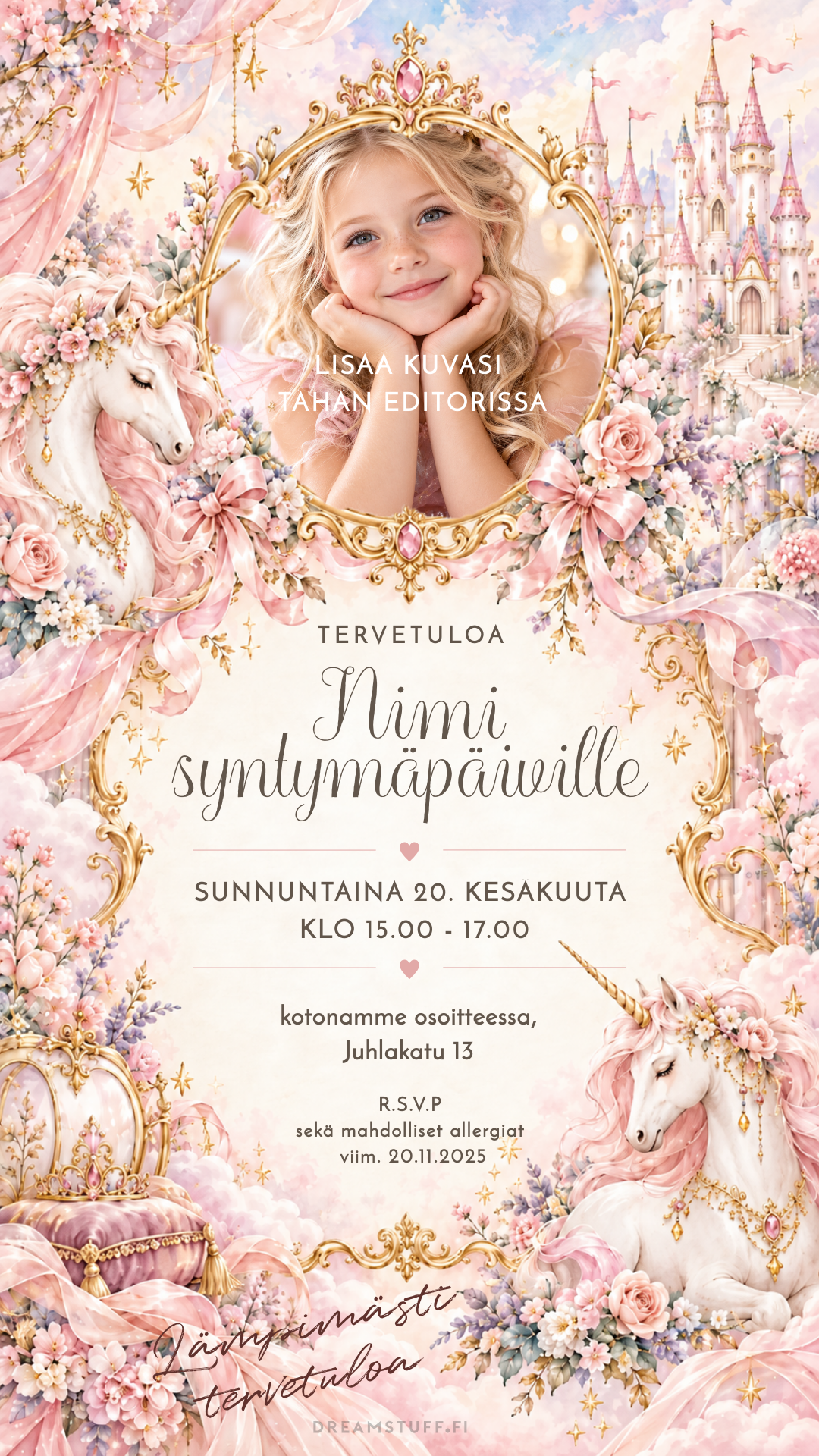 Digitaalinen kutsu lapsille – yksisarvis prinsessa | Muokattava kutsu (JPG)