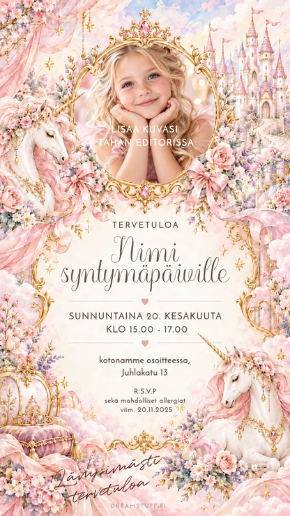 Digitaalinen kutsu lapsille – yksisarvis prinsessa | Muokattava kutsu (JPG)