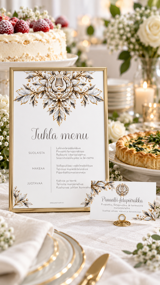 Lumihiutale-sarjan menu kullanvärisessä kehyksessä ja tarjoilukortti pidikkeessä vaalealla ylioppilasjuhlien tarjoilupöydällä.