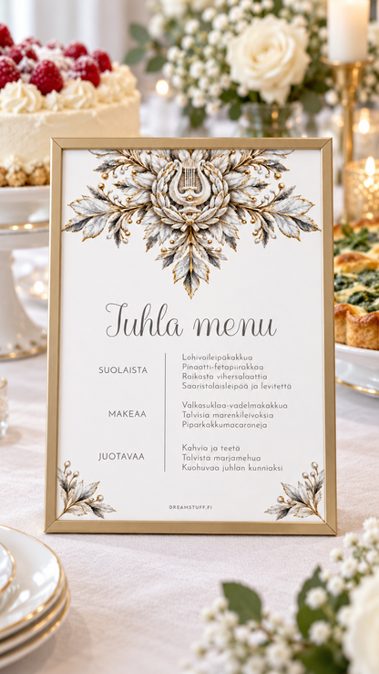 A5-kokoinen Lumihiutale-menukortti kullanvärisessä kehyksessä ylioppilasjuhlien tarjoilupöydällä kakun ja valkoisten kukkien vieressä.
