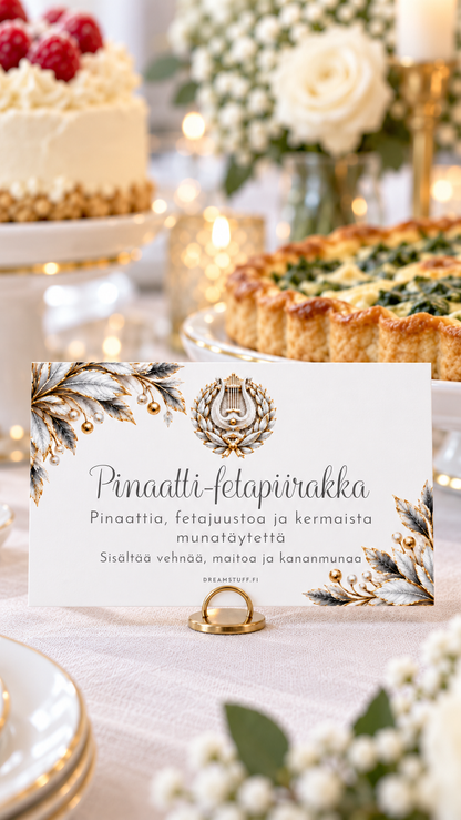 Lumihiutale-tarjoilukortti pinaatti-fetapiirakan nimellä ja ainesosatiedoilla kullanvärisessä pidikkeessä piirakan edessä.
