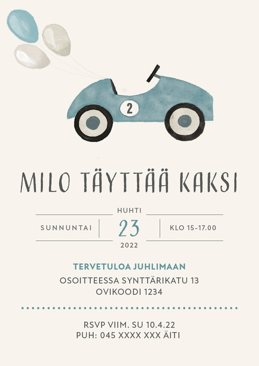 Digitaalinen syntymäpäiväkutsu lapsille - Auto