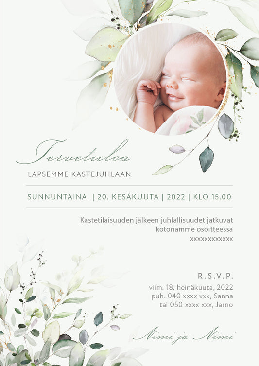 Digitaalinen kutsu kastejuhlaan / nimiäisiin omalla kuvalla - Lehdet