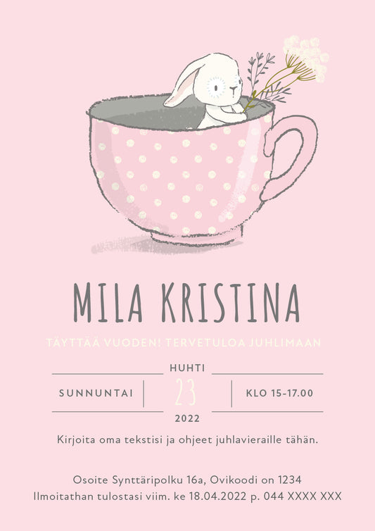 Digitaalinen syntymäpäiväkutsu lapsille - Pupu vaaleanpunainen