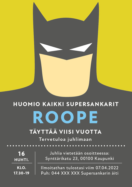 Digitaalinen syntymäpäiväkutsu lapsille - Supersankari