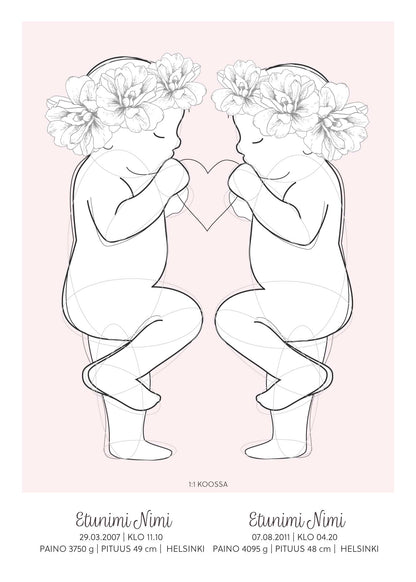 sisarusten syntymäjuliste personoitava syntymäjuliste vauvan syntymäjuliste syntymäjuliste diy nimijuliste birth poster taulu kaksosten syntymäjuliste syntymäjuliste kahdelle 1:1 syntymäjuliste